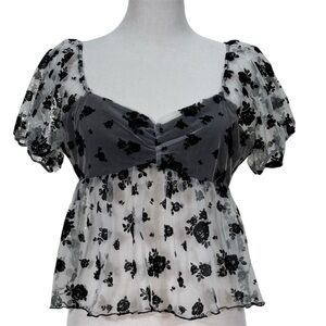 Forever 21 Sheer Mesh Floral Babydoll Top Puff Sleeve Black /White Romantic